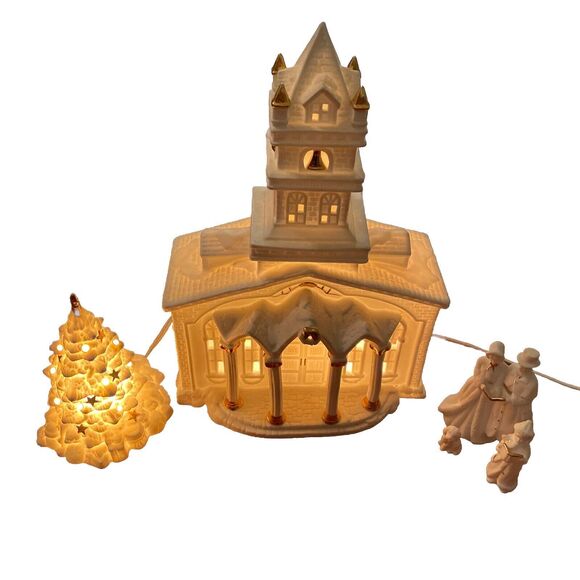 White Porcelain Lighted Church Gold Trim Christmas Carolers Tree 6 pc Set - Picture 1 of 13